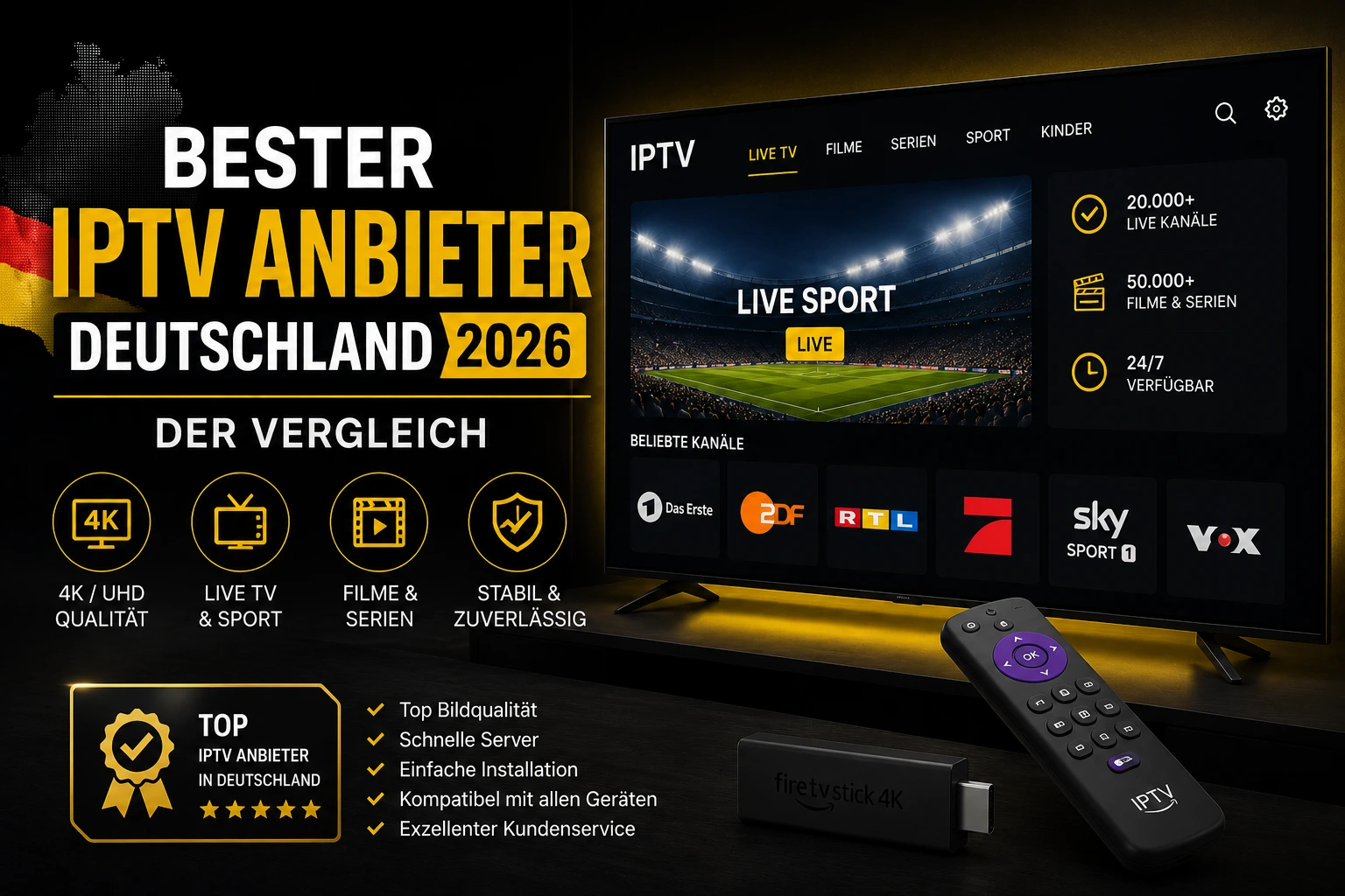 Bester IPTV Anbieter Deutschland 2026 – Vergleich der besten IPTV Services für Smart TV und Fire TV Stick