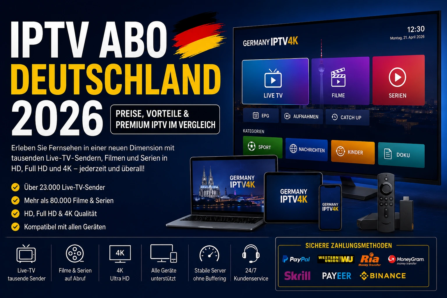 IPTV Abo Deutschland 2026 – Premium IPTV auf Smart TV, Fire TV Stick und Android TV mit 4K Streaming